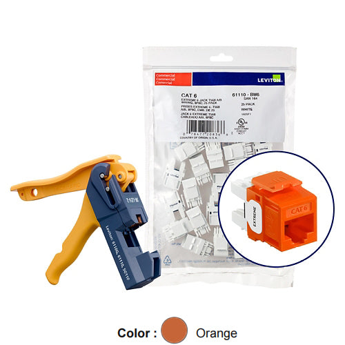 Leviton 61110-JO6, EXTREME Cat 6 UTP Quickport Jack, Kitted with JackRapid Tool, 150-Pack, Orange