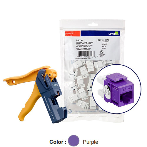 Leviton 61110-JP6, EXTREME Cat 6 UTP Quickport Jack, Kitted with JackRapid Tool, 150-Pack, Purple