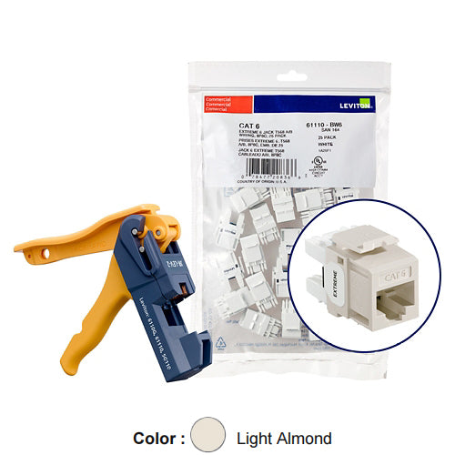 Leviton 61110-JT6, EXTREME Cat 6 UTP Quickport Jack, Kitted with JackRapid Tool, 150-Pack, Light Almond