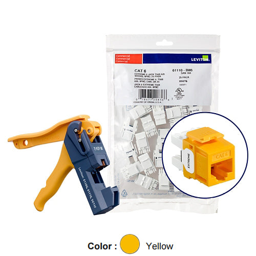 Leviton 61110-JY6, EXTREME Cat 6 UTP Quickport Jack, Kitted with JackRapid Tool, 150-Pack, Yellow