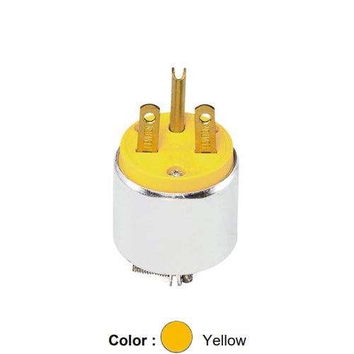 Leviton 615PA, Straight Blade Plug, Armored, 15A 250V, NEMA 6-15P, 2-Pole, 3-Wire, Grounding, Steel, Yellow