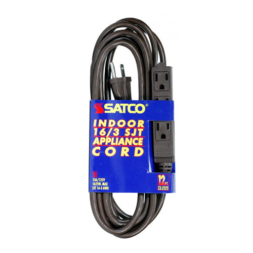 Satco 93-5048, 12 Foot Extension Cord, 13A, 125V, 1625W Rating, Brown Finish, 16/3 SJT, Indoor Only