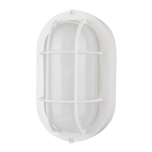 Satco 62-1388, LED Outdoor Small Oval Bulk Head Fixture, 120V, 14W, 3000K Warm White, 800 Lumens, Dimmable, White Finish with White Glass