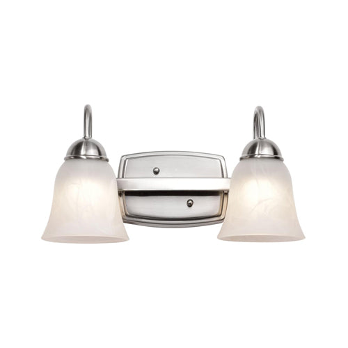 Satco 62-1568, 15W LED 2 Light Vanity Fixture, 120V, 3000K Warm White, 1300 Lumens, Dimmable, Brushed Nickel with Alabaster Glass