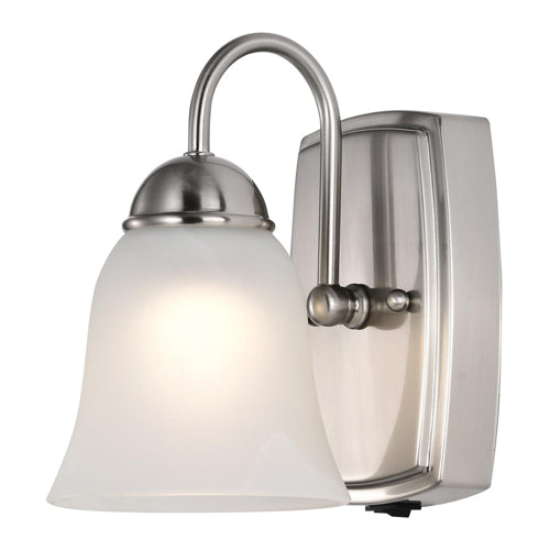 Satco 62-1569, 8W LED 1 Light Vanity Fixture, 120V, 3000K Warm White, 670 Lumens, Dimmable, Brushed Nickel with Alabaster Glass, With Switch