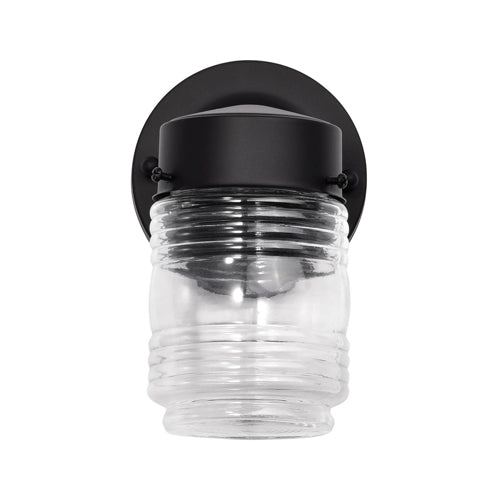 Satco 62-1573, 1-Light Outdoor LED Porch Mason Jar Wall Light, 120V, 8W, 3000K Warm White, 620 Lumens, Dimmable, Black Finish with Clear Glass