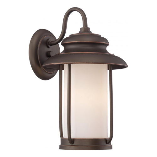 Satco 62-631, Bethany, LED Outdoor Small Wall Lantern with Satin White Glass, 120V, 60W, 3000K Warm White, 800 Lumens, Mahogany Bronze Finish