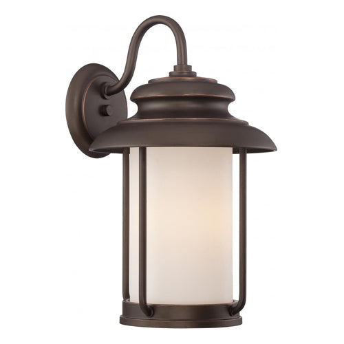 Satco 62-632, Bethany, LED Outdoor Large Wall Lantern with Satin White Glass, 120V, 60W, 3000K Warm White, 800 Lumens, Mahogany Bronze Finish