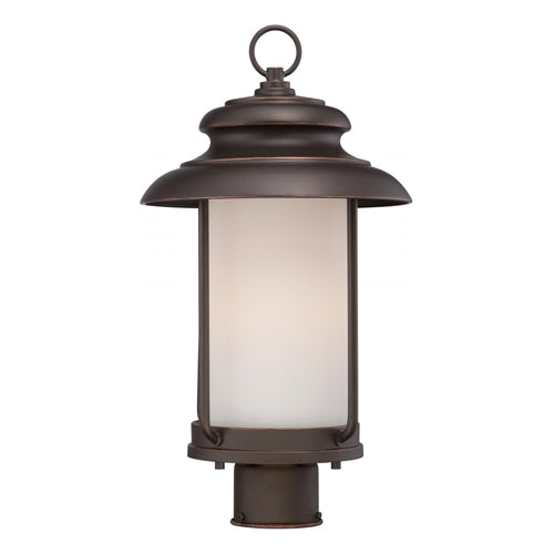 Satco 62-634, Bethany, LED Outdoor Post Lantern with Satin White Glass, 120V, 60W, 3000K Warm White, 830 Lumens, Mahogany Bronze Finish