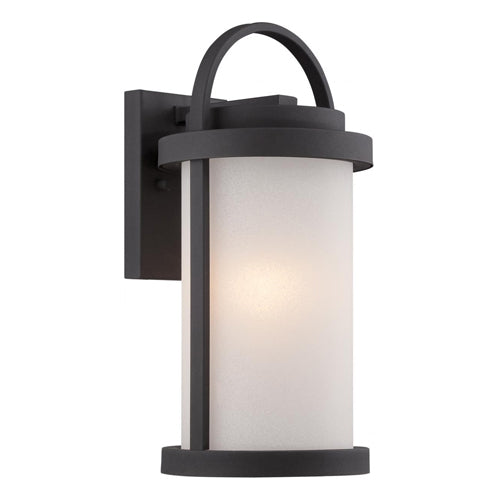 Satco 62-651, Willis, LED Outdoor Small Wall Lantern with Antique White Glass, 120V, 60W, 3000K Warm White, 800 Lumens, Textured Black Finish