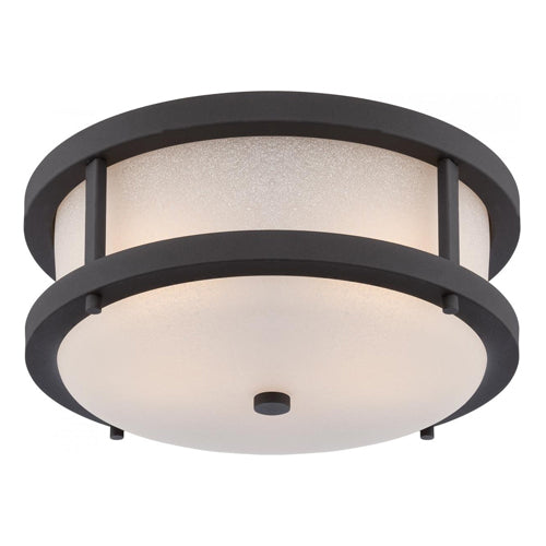 Satco 62-653, Willis, LED Outdoor Flush Fixture with Antique White Glass, 120V, 60W, 3000K Warm White, 800 Lumens, Textured Black Finish