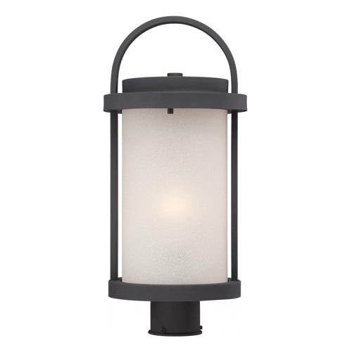 Satco 62-654, Willis, LED Outdoor Post Lantern with Antique White Glass, 120V, 60W, 3000K Warm White, 800 Lumens, Textured Black Finish