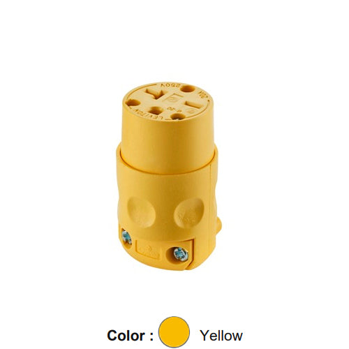 Leviton 620CV, Straight Blade Connector, 20A 250V, NEMA 6-20R, 2-Pole, 3-Wire, Grounding, PVC, Yellow