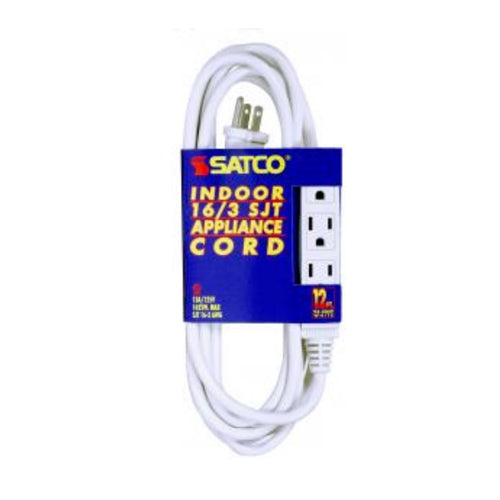 Satco 93-5049, 12 Foot Extension Cord, 13A, 125V, 1625W Rating, White Finish, 16/3 SJT, Indoor Only