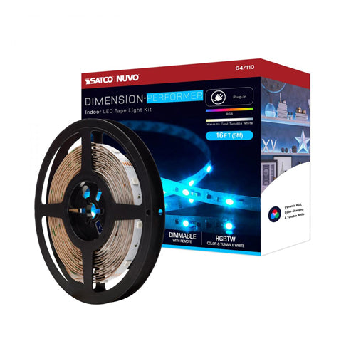 Satco 64-110, Dimension Performer, 16' LED Tape Light Strip, RGB plus Tunable White, 24V, 12W, 2700K, 1120 Lumens, IP20, Plug Connection, IR Remote Included