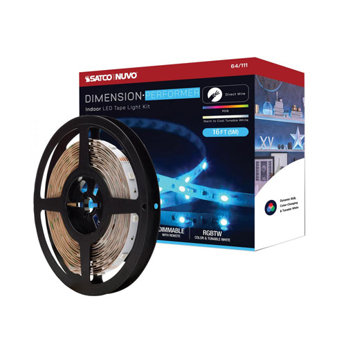 Satco 64-111, Dimension Performer, 16' LED Tape Light Strip, RGB plus Tunable White, 24V, 14W, 2700K, 1120 Lumens, IP20, J-Box Connection, IR Remote Included