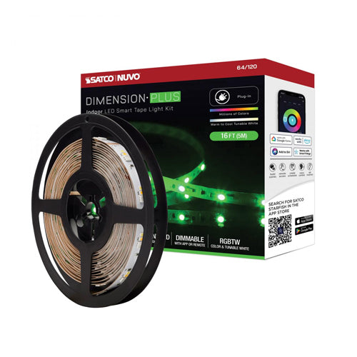 Satco 64-120, Dimension Plus, 16' LED Tape Light Strip, RGB plus Tunable White, 24V, 12W, 2700K, 1120 Lumens, IP20, Plug Connection,Starfish IOT Capable, IR Remote Included