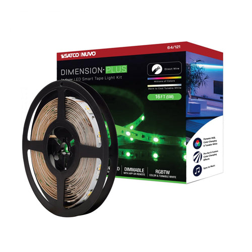 Satco 64-121, Dimension Plus, 16' LED Tape Light Strip, RGB plus Tunable White, 24V, 14W, 2700K, 1120 Lumens, IP20, J-Box Connection, Starfish IOT Capable, IR Remote Included
