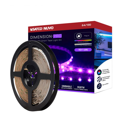 Satco 64-130, Dimension Pro, 16' LED Tape Light Strip, Hi-Output, RGB plus Tunable White, 24V, 18W, 2700K, 1920 Lumens, IP20, Plug Connection, Starfish IOT Capable, IR Remote Included