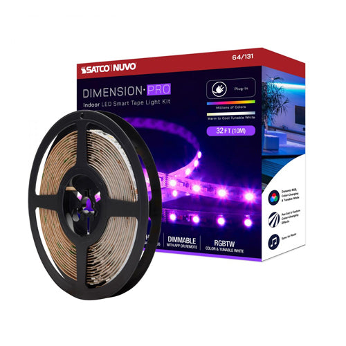 Satco 64-131, Dimension Pro, 32' LED Tape Light Strip, Hi-Output, RGB plus Tunable White, 24V, 30W, 2700K, 3080 Lumens, IP20, Plug Connection, Starfish IOT Capable, IR Remote Included