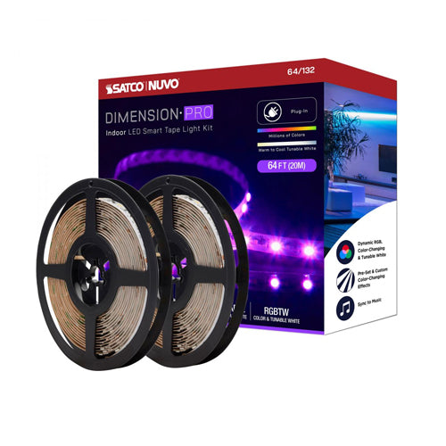 Satco 64-132, Dimension Pro, 64' LED Tape Light Strip, Hi-Output, RGB plus Tunable White, 24V, 68W, 2700K, 6300 Lumens, IP20, Plug Connection, Starfish IOT Capable, IR Remote Included