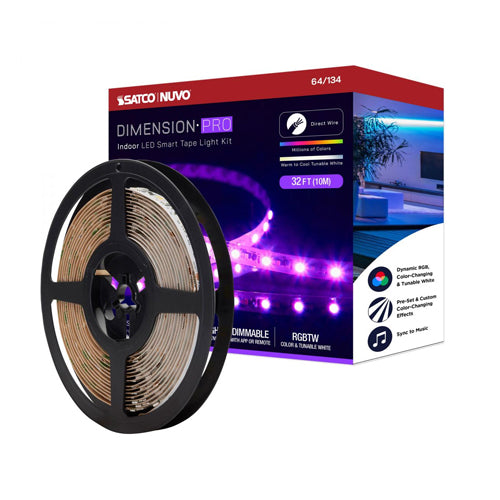Satco 64-134, Dimension Pro, 32' LED Tape Light Strip, Hi-Output, RGB plus Tunable White, 24V, 30W, 2700K, 3080 Lumens, IP20, J-Box Connection, Starfish IOT Capable, IR Remote Included