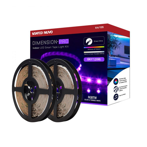 Satco 64-135, Dimension Pro, 64' LED Tape Light Strip, Hi-Output, RGB plus Tunable White, 24V, 68W, 2700K, 6300 Lumens, IP20, J-Box Connection, Starfish IOT Capable, IR Remote Included