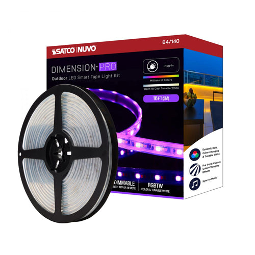 Satco 64-140, Dimension Pro, 16' LED Tape Light Strip, Hi-Output, RGB plus Tunable White, 24V, 18W, 2700K, 1920 Lumens, IP65, Plug Connection, Starfish IOT Capable, RF Remote Included