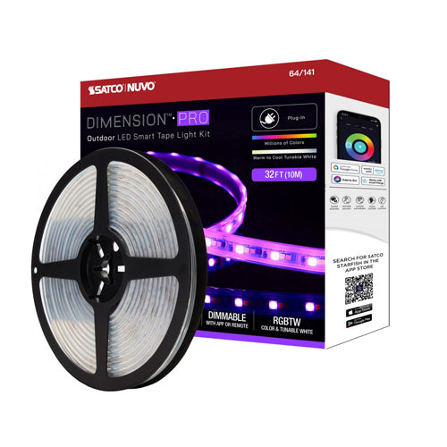 Satco 64-141, Dimension Pro, 32' LED Tape Light Strip, Hi-Output, RGB plus Tunable White, 24V, 30W, 2700K, 3080 Lumens, IP65, Plug Connection, Starfish IOT Capable, RF Remote Included