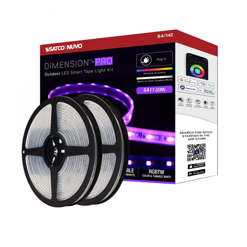 Satco 64-142, Dimension Pro, 64' LED Tape Light Strip, Hi-Output, RGB plus Tunable White, 24V, 68W, 2700K, 6300 Lumens, IP65, Plug Connection, Starfish IOT Capable, RF Remote Included