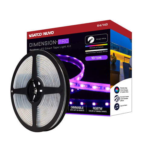 Satco 64-143, Dimension Pro, 16' LED Tape Light Strip, Hi-Output, RGB plus Tunable White, 24V, 20W, 2700K, 1920 Lumens, IP65, J-Box Connection, Starfish IOT Capable, RF Remote Included