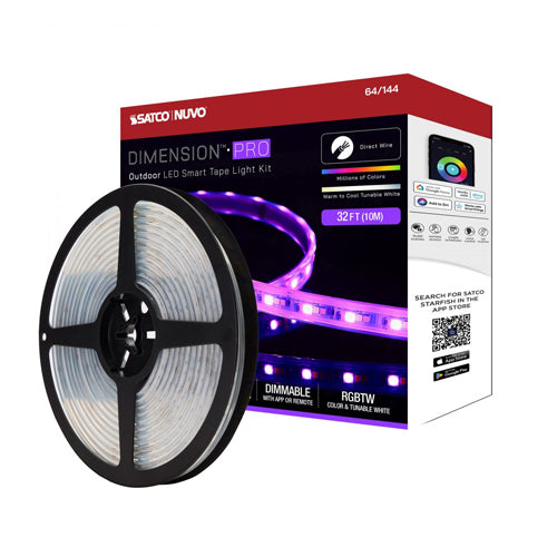 Satco 64-144, Dimension Pro, 32' LED Tape Light Strip, Hi-Output, RGB plus Tunable White, 24V, 33W, 2700K, 3080 Lumens, IP65, J-Box Connection, Starfish IOT Capable, RF Remote Included