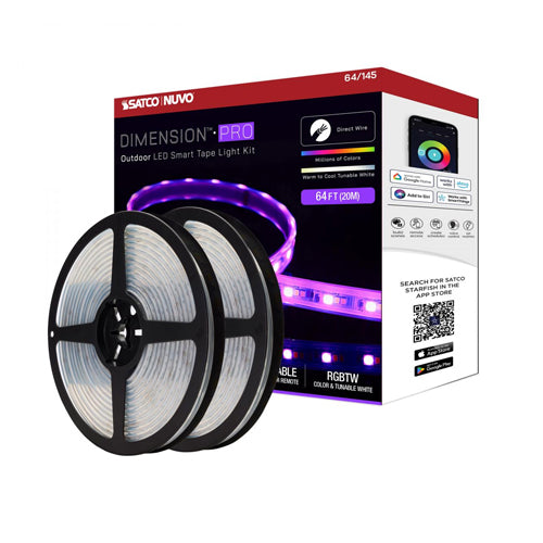 Satco 64-145, Dimension Pro, 64' LED Tape Light Strip, Hi-Output, RGB plus Tunable White, 24V, 68W, 2700K, 6300 Lumens, IP65, J-Box Connection, Starfish IOT Capable, RF Remote Included
