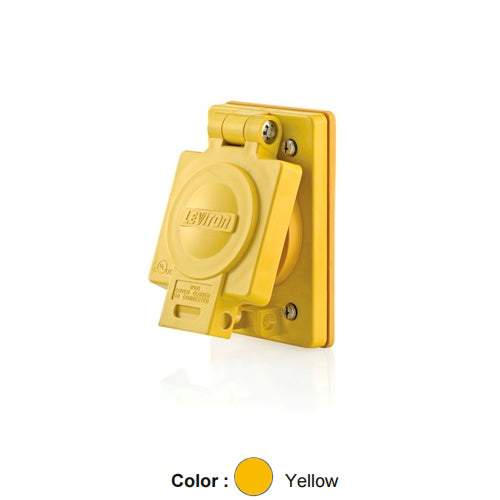 Leviton 65W34, Wetguard Watertight Flip Lid with Single Locking Receptacle, Industrial Grade, 15A 277V, NEMA L7-15R, 2-Pole, 3-Wire, Grounding, Yellow