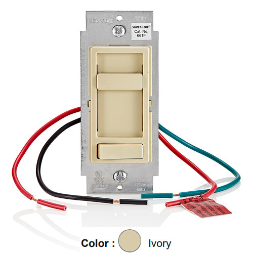 Leviton 661F-10I, SureSlide Quiet Step Fan Speed Control with Preset ON/OFF Switch, 3-Speed, 1.5 Amp, 120VAC, 60Hz, Single Pole or 3-Way, Ivory