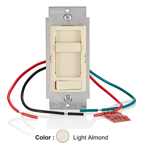 Leviton 661F-10T, SureSlide Quiet Step Fan Speed Control with Preset ON/OFF Switch, 3-Speed, 1.5 Amp, 120VAC, 60Hz, Single Pole or 3-Way, Light Almond