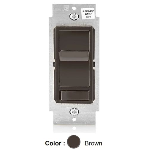 Leviton 6674-P0B, SureSlide Dimmer with Preset ON/OFF Switch for 600W Incandescent, 150W LED and CFL, Single-Pole or 3-Way, Brown