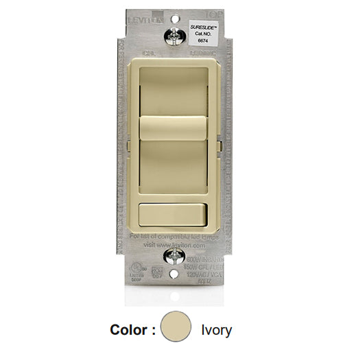 Leviton 6674-P0I, SureSlide Dimmer with Preset ON/OFF Switch for 600W Incandescent, 150W LED and CFL, Single-Pole or 3-Way, Ivory