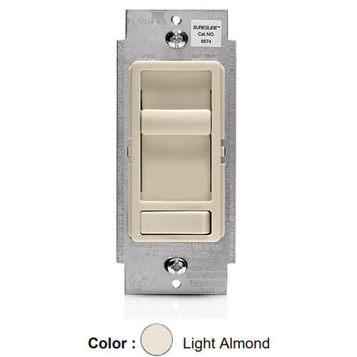 Leviton 6674-P0T, SureSlide Dimmer with Preset ON/OFF Switch for 600W Incandescent, 150W LED and CFL, Single-Pole or 3-Way, Light Almond