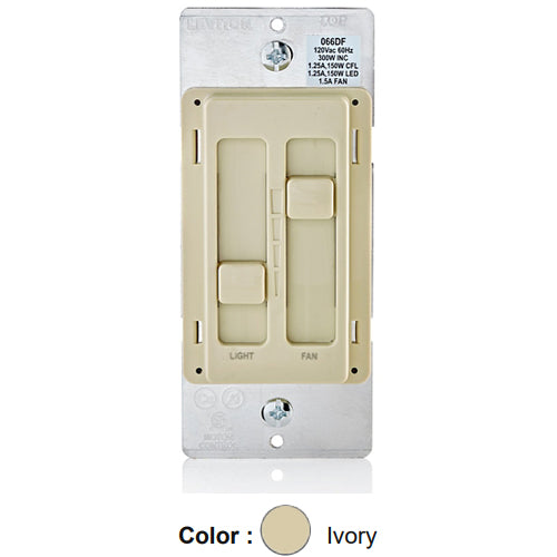 Leviton 66DF-10I, SureSlide Dual LED/CFL/Incandescent Dimmer Quiet Fan/Light Control, Slide-to-OFF, 1.5 Amp, 120VAC, 60Hz, Single-Pole, Ivory