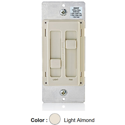 Leviton 66DF-10T, SureSlide Dual LED/CFL/Incandescent Dimmer Quiet Fan/Light Control, Slide-to-OFF, 1.5 Amp, 120VAC, 60Hz, Single-Pole, Light Almond