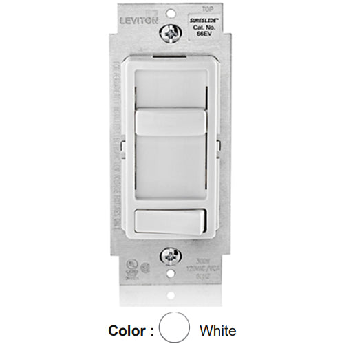 Leviton 66EV-10W, Decora SureSlide Electronic Low Voltage Dimmer with Preset ON/OFF Switch, 300VA, 120VAC, 60Hz, Single-Pole or 3-Way, Neutral Required, White