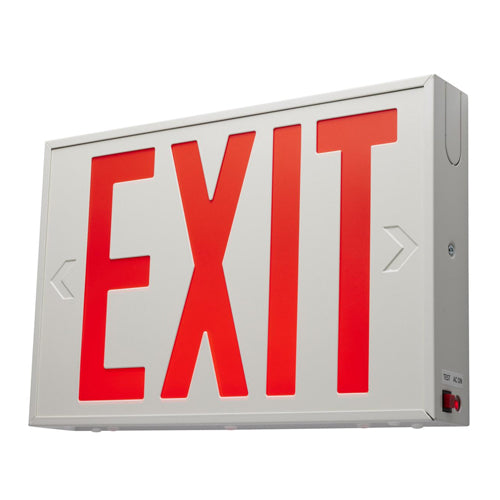 Satco 67-102, Red LED Exit Sign, 90min Ni-Cad backup, 120/277V, 2W, Single/Dual Face, Universal Mounting, Steel/NYC