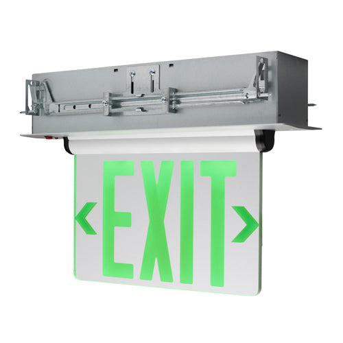 Satco 67-115, Green (Mirror) Edge Lit LED Exit Sign, 120/277V, 2.94W, Dual Face, Silver Finish