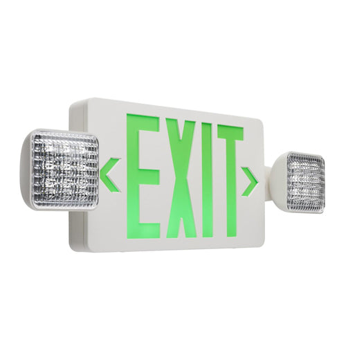 Satco 67-120, Combination Green Exit Sign/Emergency Light, 90min Ni-Cad backup, 120/277V, 2.8W, 150 Lumens, 5700K, Dual Head, Single/Dual Face, Universal Mounting