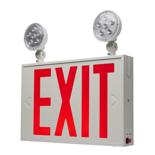Satco 67-123, Combination Red Exit Sign/Emergency Light, 90min Ni-Cad backup, 120/277V, 3W, 220 Lumens, 5700K, Dual Head, Single/Dual Face, Universal Mounting, Steel/NYC
