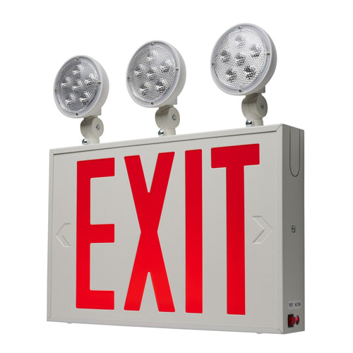 Satco 67-124, Combination Red Exit Sign/Emergency Light, 90min Ni-Cad backup, 120/277V, 3W, 330 Lumens, 5700K, Tri Head, Single/Dual Face, Universal Mounting, Steel/NYC