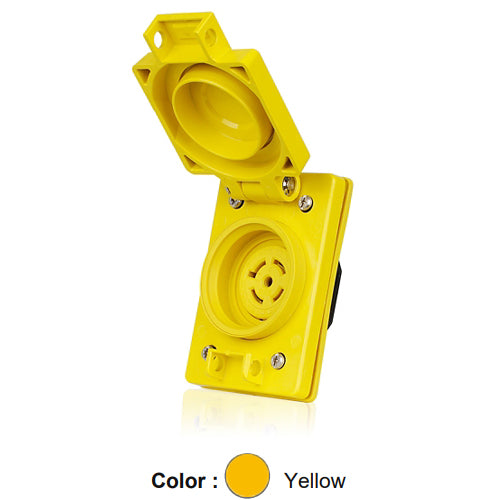 Leviton 67W81, Wetguard Watertight Flip Lid Single Locking Flush Mounting Receptacle, Industrial Grade, 3-Phase Y, 20A 120/208V, NEMA L21-20R, 4-Pole, 5-Wire, Grounding, Yellow