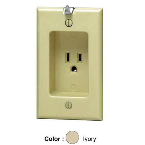 Leviton 688-I, 1-Gang Recessed Straight Blade Single Receptacle with Clock Hanger Hook, Residential Grade, 15A 125V, NEMA 5-15R, 2-Pole, 3-Wire, Side Wire Only, Ivory