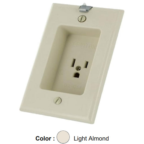 Leviton 688-T, 1-Gang Recessed Straight Blade Single Receptacle with Clock Hanger Hook, Residential Grade, 15A 125V, NEMA 5-15R, 2-Pole, 3-Wire, Side Wire Only, Light Almond
